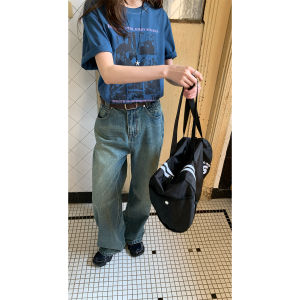 Retro Washed Loose Straight Leg High Waist Wide Leg Pants Summer Womens Jeans Casual Versatile Trousers by RAINY