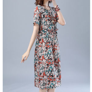 Loose Cotton Silk Dress Floral Print Three Piece Set for Older Women Summer Fashion plus Size Anti-Aging Dress Ensemble