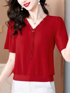2025 Summer New Style Commute Shirt Simple V-neck Short-sleeve Chiffon Top Butterfly Knot Slimming Design Korean Fashion