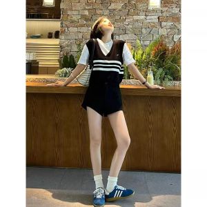 HUOLISI | Two-piece Illusion Stripe Sleeveless Tunic Top Short Style