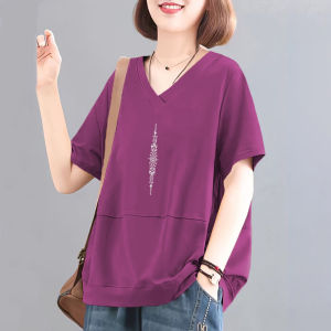 Summer New Style Loose Casual Short Sleeve V-Neck Slimming Pure Cotton plus Size Versatile Heart-Shaped Neck T-Shirt