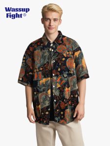 Wassup Fight Mens Short Sleeve Shirt New Chinese Style Beachside Casual Wear Polyester Fiber Cool Lightweight Summer Fashion