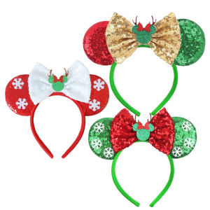 Christmas Mickey Mouse Ears Headbands Women Festival Party Cartoon Headband for Girls Kids Sequins Bow Hairband Hair Accessories