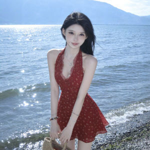 CHANGTONG | Vacation Style Beautiful Red Halter Strap Floral Short Dress