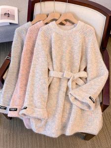 plus Size Womens Autumn Winter Lazy Style Mid-Length Hiding Butt Waist-Cinching Sweater Loose Slimming Base Shirt Top