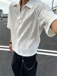 Rice Beige Breathable Polo Shirt Knit Lacework Embroidered Loose Short Sleeve