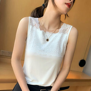 สลิมฟิต Modal ลูกไม้ เสื้อกล้าม ผู้หญิง เสื้อเบส แขนกุด สีบริสุทธิ์ป้องกันแสงขนาดใหญ่ปรากฏบาง ฤดูร้อน สไตล์ 2024