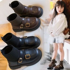 Fashionable Black Martin Short Sock Boots Girls Childrens Booties Autumn Winter New Style Small Leather Shoes Korean Style