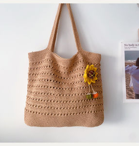 Large Capacity Handwoven Cotton Shoulder Bag with Hollow Out Design Casual Bucket Shape Versatile and Lightweight Ideal for Youth