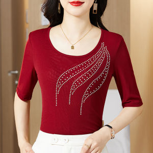 Fashionable Mesh Base Shirt for Women Long Sleeve Diamond Embellished Inner Wear T-Shirt for Square Dancing Autumn Wear