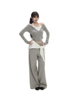 withmin | Bộ Quần Áo Knitwear V-neck Trễ Vai Đen Xám Ôm Sát