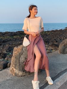 Plus Size Ladies Retro One-Piece Wrap Skirt Split Skirt Plus Size Irregular Long Dress Womens Summer Mid Length Long Length Beach Skirt