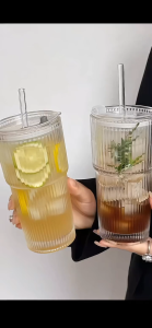 1pcs 600ML Striped Cup with Lid Straw Transparent Milk Iced Coffee Cup Beverage Cup