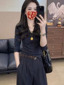 Long Sleeve V-Neck T-Shirt Womens Autumn New Korean Style Fashion Simple Personality Match Slim Fit Base Shirt Inner Wear Top