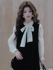 MIUCO | Bộ Đầm Velvet Hình Chấm Bi Cổ Nơ Ren