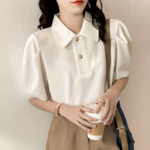 Simple Pure Cotton Bubble Sleeve Polo Collar Womens Shirt Korean Style Summer New Design French Style Top Online Exclusive