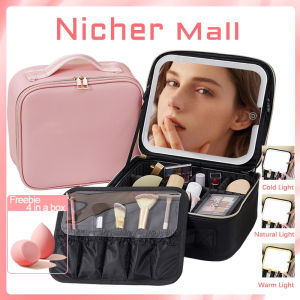 Make up Bag With Mirror LED Light USB Charge Make up Organizer Cosmetic Pouch Large Capacity