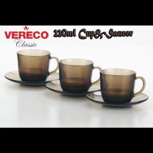 6+6 Vintage Vereco 1970s France Smoked Brown Glass coffe and tea cup and saucer set/Retro glass LZ12006