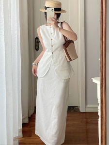 Laqian Style Linen Suit Sleeveless Waistcoat Vest Suit Womens Summer Dress New Arrival Long Slit Skirt Two-piece Set
