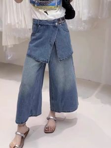 plus Size Womens Denim Pants High Waist Wide Leg Casual Style Summer New Loose Fit Pear Shape Slimming Effect Fake Two-Piece