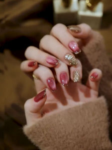 Sweet Gentle White Girl Style Peach Pink Cat Eye Nail Art Wearable Handmade Detachable Pure Handmade Nail Tips Adhesive Stickers