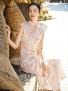 XIANGYING | New Chinese Style Printed Qipao Dress Slim Fit Mandarin Collar
