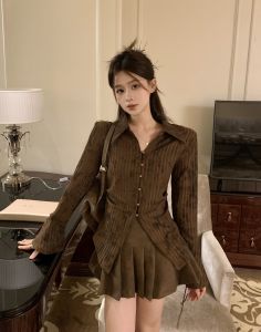 GUZILIAN | Elegant French Vintage Shirt Polo Collar Dyed Tie Slimming Bell Sleeve Fashionable Early Autumn Top Straight Cut Long Sleeve