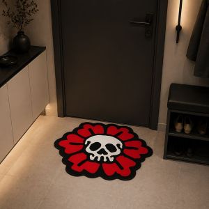 VIKAMA Skull Flower Rug Round Dark Aesthetic Carpet Soft Non-Slip Bedside Rug for Bedroom Living Room Home Decor Plush