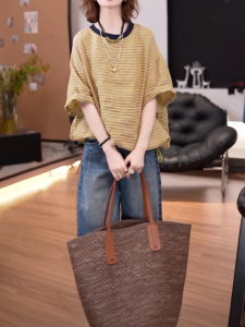 Trendy Brand Vintage Striped Linen Short Sleeve Womens T-shirt Loose All-match Slimmimgs Summer New Summer Casual Style