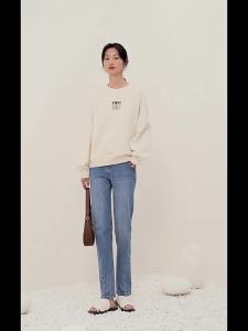 Yigue | Cotton Faux Two-Piece Loose Simple Casual Printed Crewneck Womens Sweatshirt