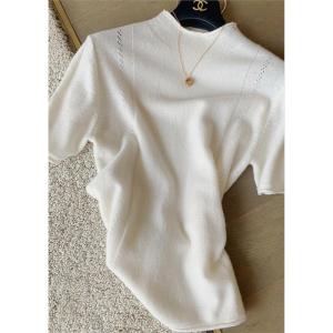2025 New Style Womens Knitted Hollow out Short Sleeve T-Shirt Half High Collar Pure Cotton Wool Blend Casual Fashion Top