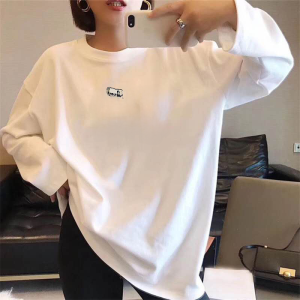 Womens Fleece Lined Thick Long Sleeve T-Shirt White Oversized Mid-Length Base Layer Shirt Korean Style Commute Print Casual Top