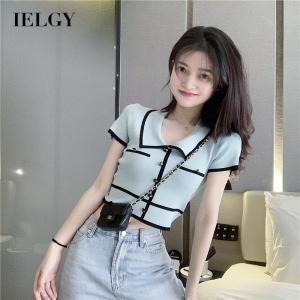 IELGY summer retro lapel personality temperament button hit color ice silk slim-fit short cropped short-sleeved T-shirt women