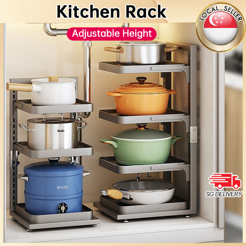🇸🇬【SG stock】Adjustable Pot Rack Pot Organiser Stainless Steel Rack Pot Holder Under Sink Organiser Kitchen Rack Kitchen Organizer Kitchen Storage Rack Pot Holder Pot Pan Unde