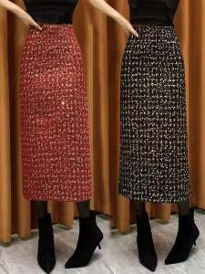 Fashionable Shiny Sequin Woolen A-Line Midi Skirt for Women Elegant Classy Straight Cut Winter New Arrival High Waist Commute Style