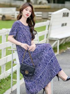 Casual Cotton Silk Dress Summer Travel Suitable for Middle-Aged And Elderly Women Belly Covering Short Sleeve Midi Dress