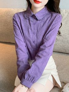 Retro Embroidered Cotton Shirt Long Sleeve Slim Fit Base Layer Purple Polo Neck Regular Length Commute Style Womens Shirt