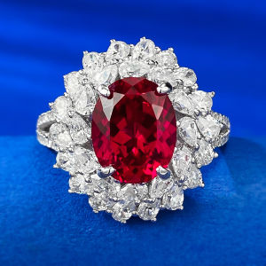 S925 Silver Pigeon Blood Red Simulation Diamond 8x10mm Women Female Flower Cluster Wedding Ring