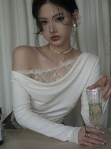 เสื้อยืดแขนยาวผู้หญิงสไตล์เกาหลี เสื้อชั้นในแบบมีขอบลูกไม้ ทรงเข้ารูป ทรงเข้ารูป เสื้อเชิ้ตชั้นใน เสื้อเชิ้ตแขนยาว