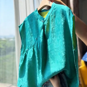 SHUAIYUE | Chinese Style Vintage Short Sleeve Womens Green Shirt