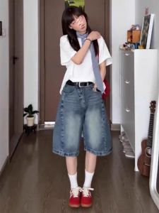 กางเกงขาสั้นยีนส์ทรงหลวมเอวสูงสไตล์ย้อนยุคสำหรับผู้หญิงในช่วงฤดูร้อน กางเกงขายาวทรงตรงทรงหลวมๆ ความยาวปานกลาง