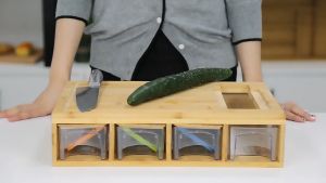 Bamboo cutting board with drawers for organized storage style grater and cutting board (includes 4 drawer trays and 4 graters)