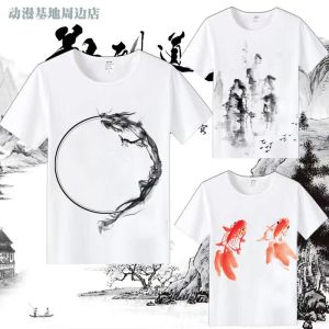 Summer Calligraphy Splash-Ink Chinese Style Landscape Painting Print round Neck Short Sleeve T-Shirt Mens Loose Tops Casual Bottoming Shirt