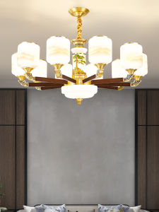 All-Copper New Chinese Style Living Room Chandelier Real Wood Body with Glass Shade Dual-Purpose Suction-Lifting Design for Dining Room and Bedroom