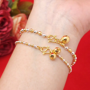 สร้อยข้อมือสองกษัตริย์ลายไข่ปลาตัดลายห้อยกระพรวน 2K ความยาว 6.5 7 นิ้ว งานชุบ ดีไซส์สวย ใส่เเล้วดูดีเรียบหรู งานสวย พร้อมส่ง