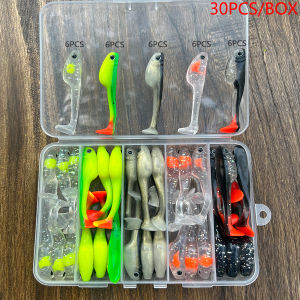 30PCS/BOX Drop Shot Swimbait Easy Shiner Wobblers For Pike Fishing Lures Set Tail Jig Head Artificial Bait Kit Soft Worms Carp