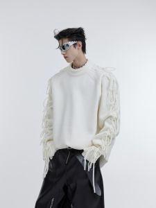Loose Mens Knitted Sweater round Neck Tassel Design Casual Pure Color Knitwear Youth Fashion Autumn Season Long Sleeve