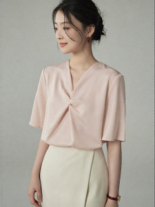 YAKEJIA | Pink Satin Twist-front Shirt