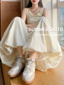 กางเกงกระโปรงทรงหลวมเอวสูงสไตล์ฤดูร้อนสำหรับผู้หญิง ผ้าไหมน้ำแข็ง กางเกงขายาวทรงหลวม สไตล์หวาน เอวธรรมชาติ