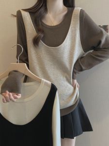 Womens Knitted Sweater Large Size Autumn Winter Outerwear Faux Two-Piece Design Belly Cover Slimming Base Layer Top